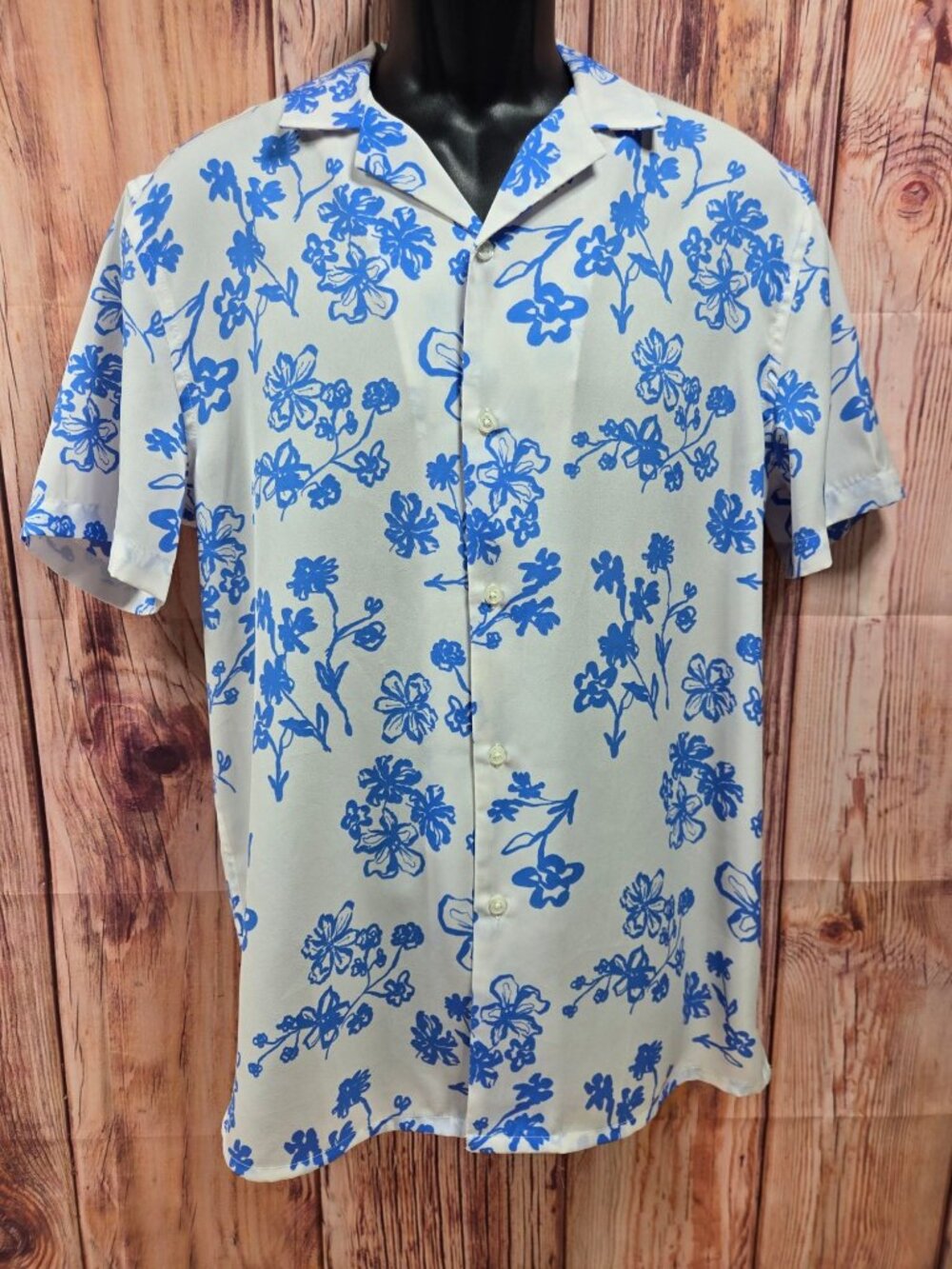 ASOS Design Mens Floral Print Button-Up Shirt Medium Blue & White